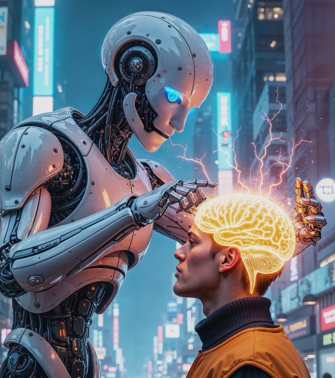 A humanoid robot and a person connected by a glowing neural visualisation