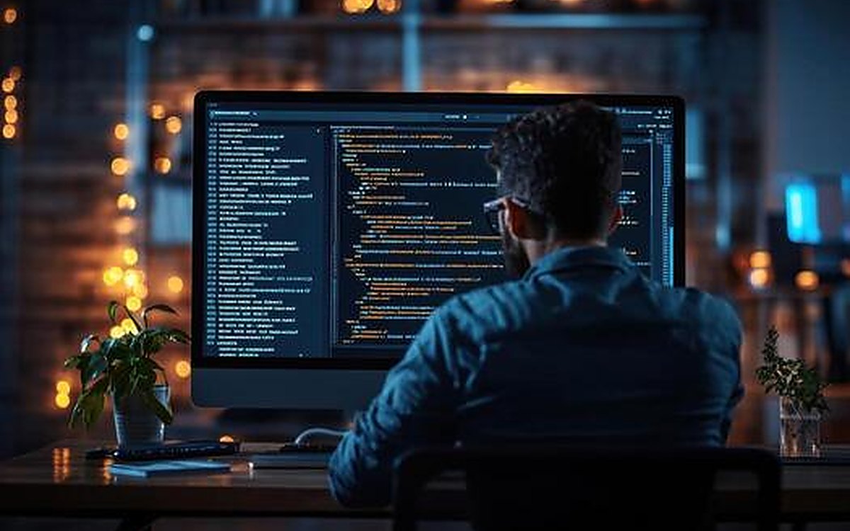 A developer writing code at a large monitor