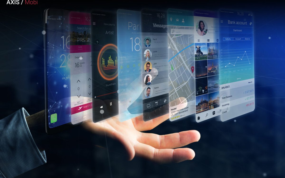Multiple mobile app screens fanned out above an open hand