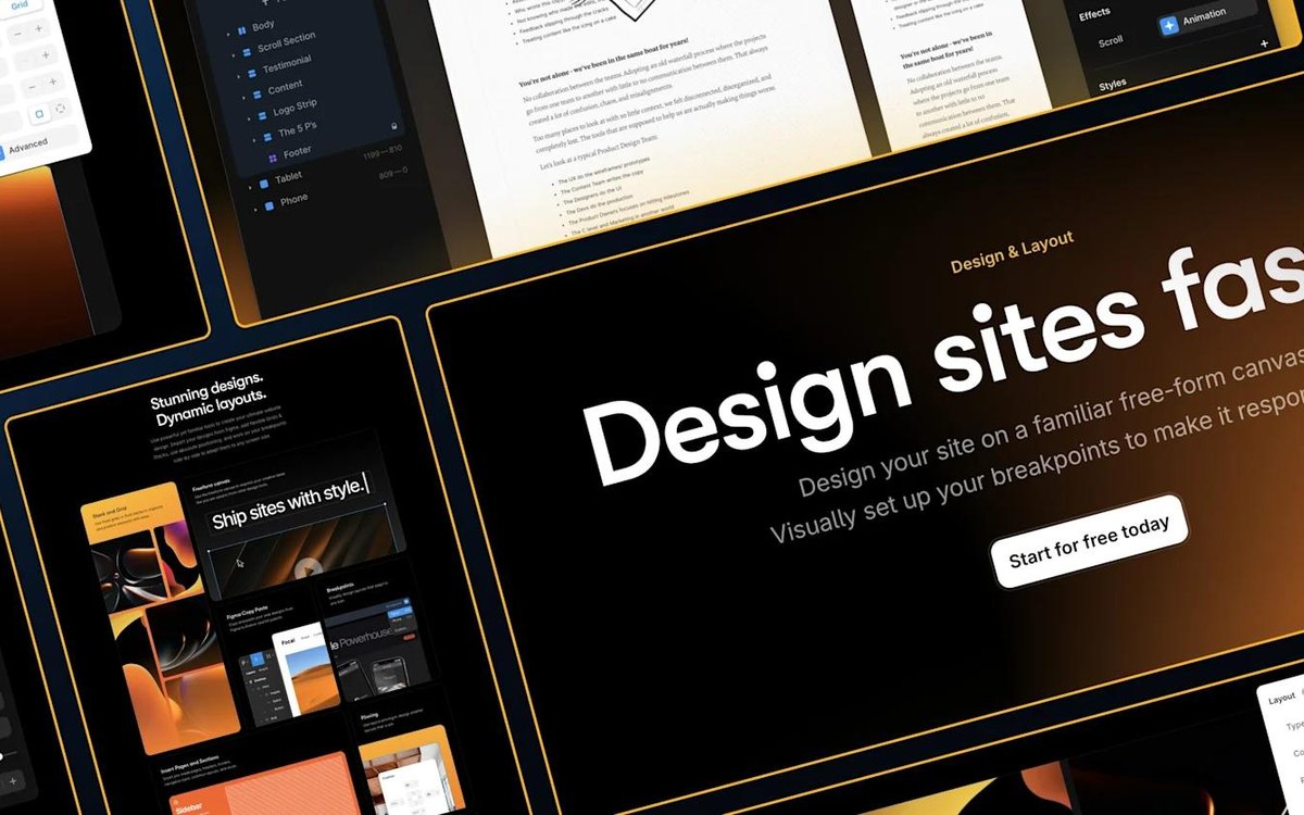A visual web design tool with page layouts on screen