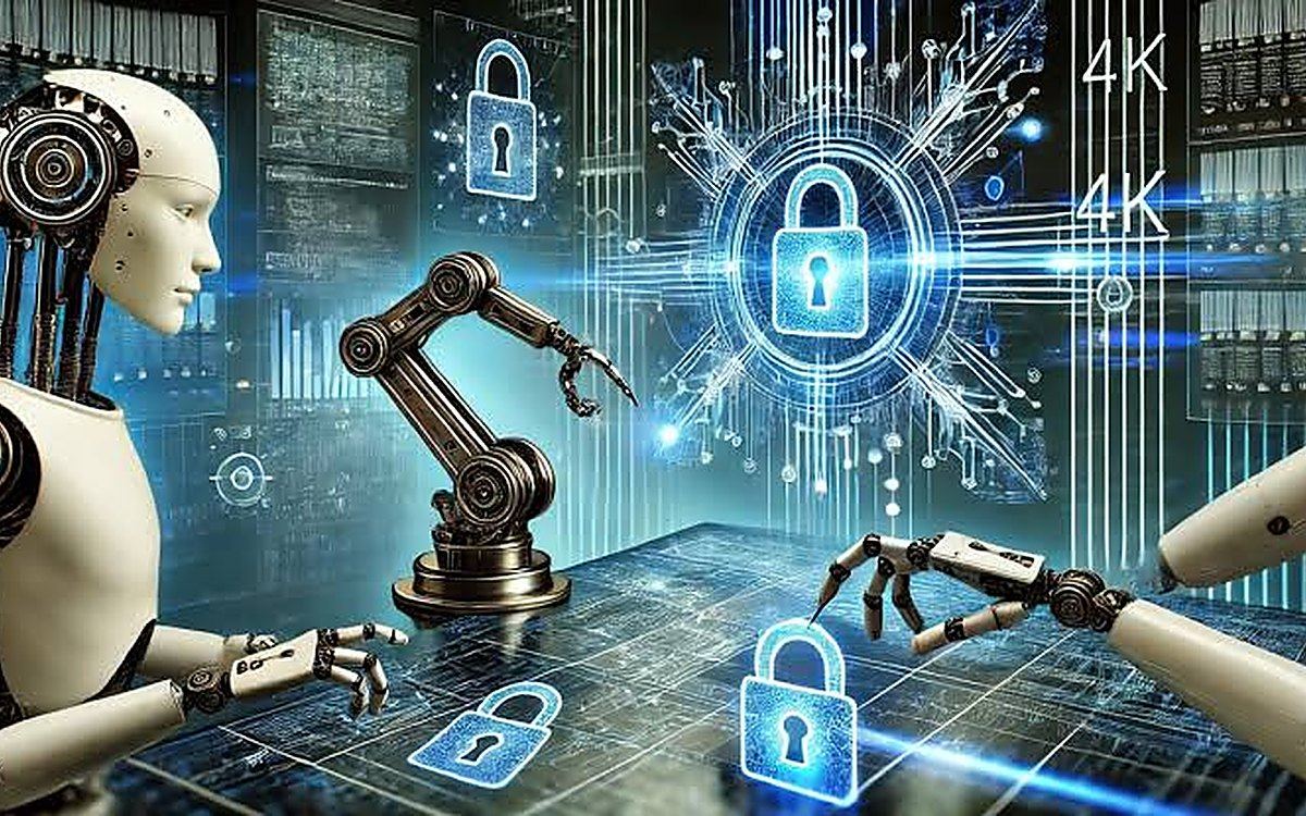 A humanoid robot and robotic arms working alongside secure data systems
