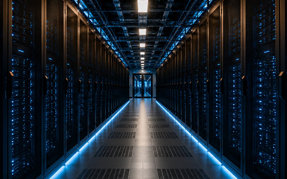 A data centre aisle lined with illuminated server racks
