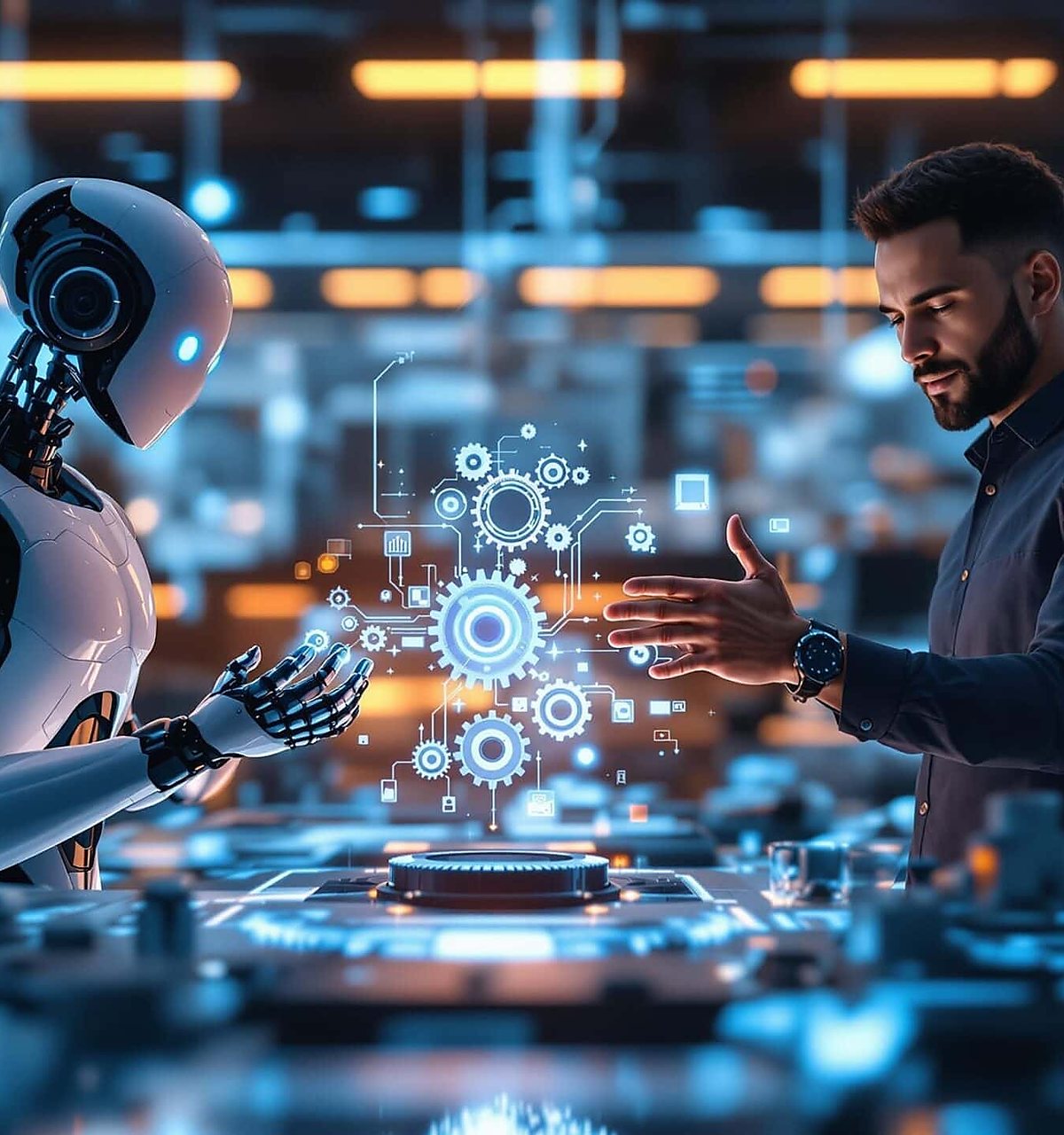 An engineer and a humanoid robot working together over a holographic interface